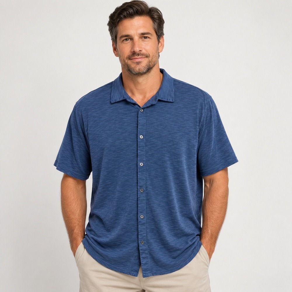 Tommy Bahama Button Down Shirt Mens XL Blue Short Sleeve Tencel Slub Knit